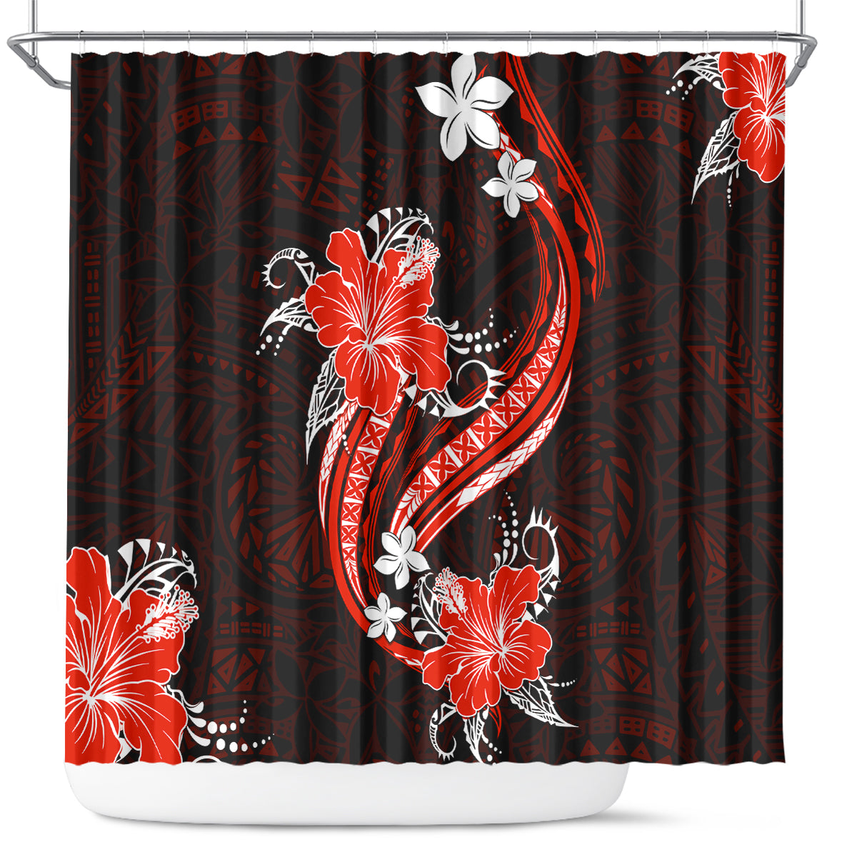 Red Polynesian Pattern With Tropical Flowers Shower Curtain LT05 Red - Polynesian Pride