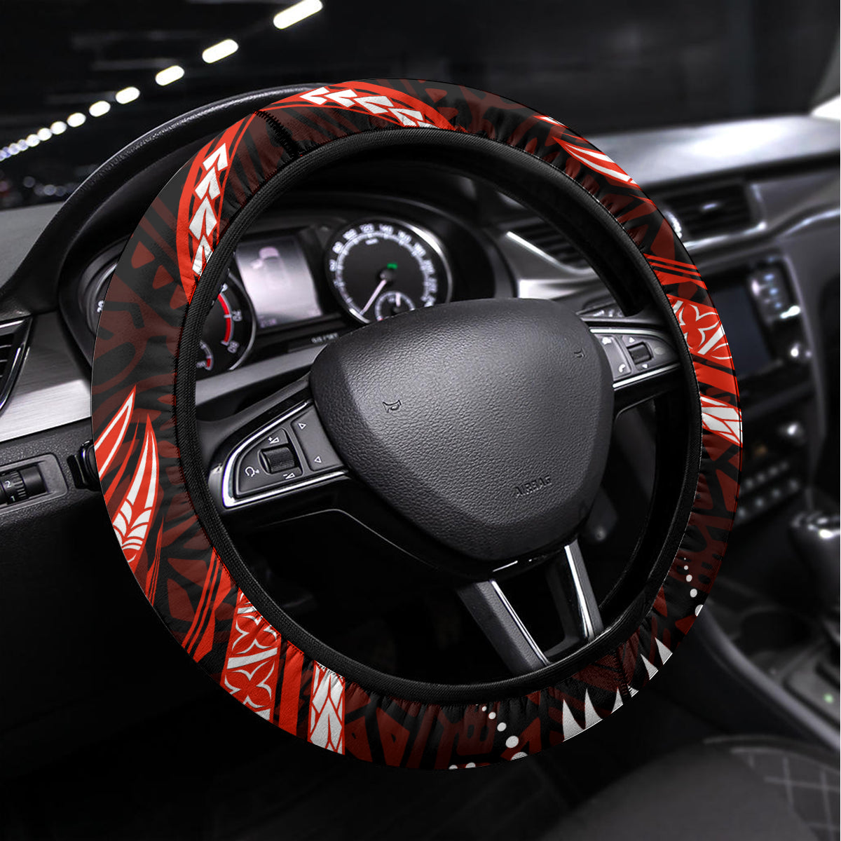 Red Polynesian Pattern With Tropical Flowers Steering Wheel Cover