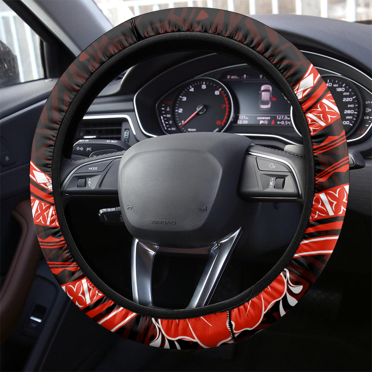 Red Polynesian Pattern With Tropical Flowers Steering Wheel Cover LT05 - Polynesian Pride