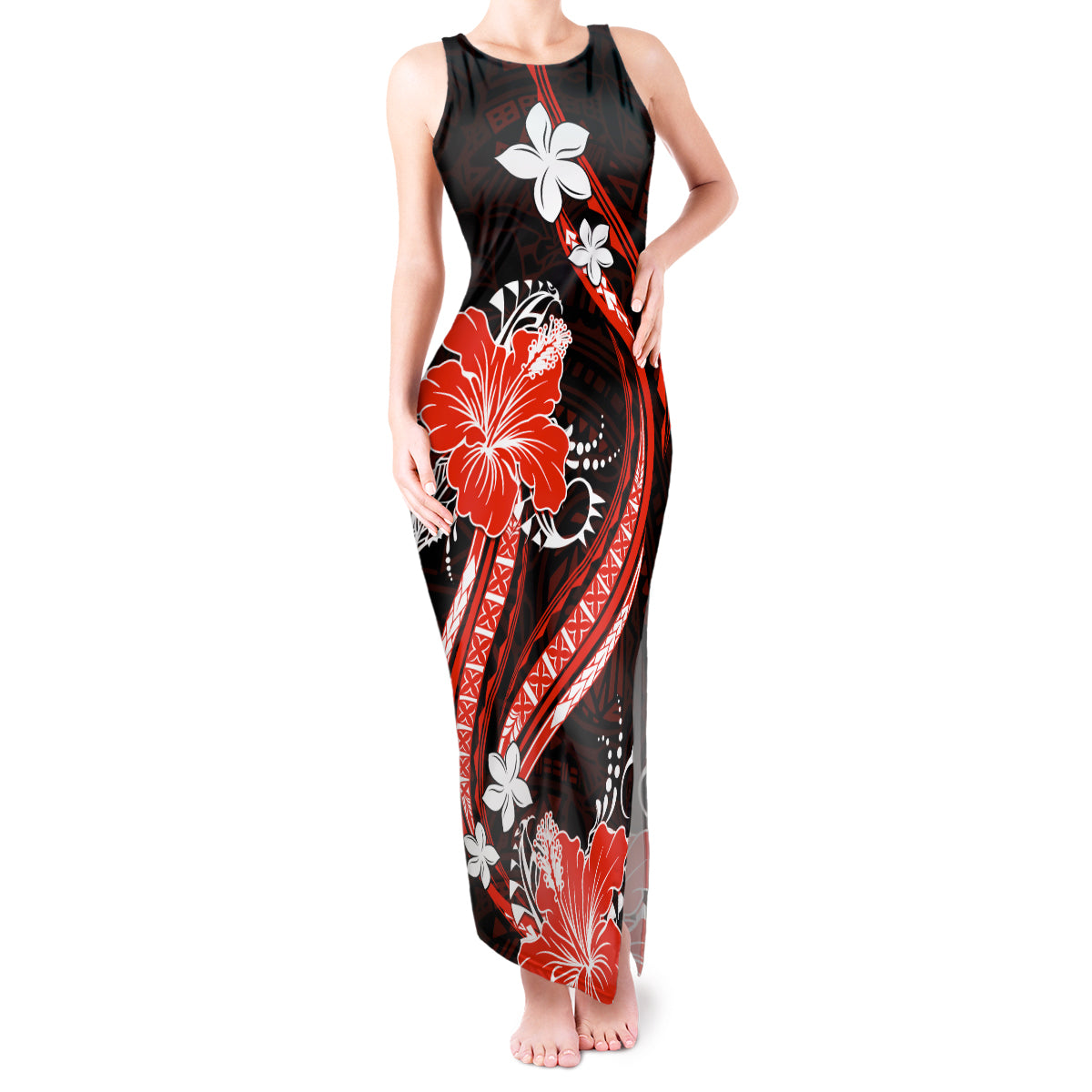 Red Polynesian Pattern With Tropical Flowers Tank Maxi Dress LT05 Women Red - Polynesian Pride