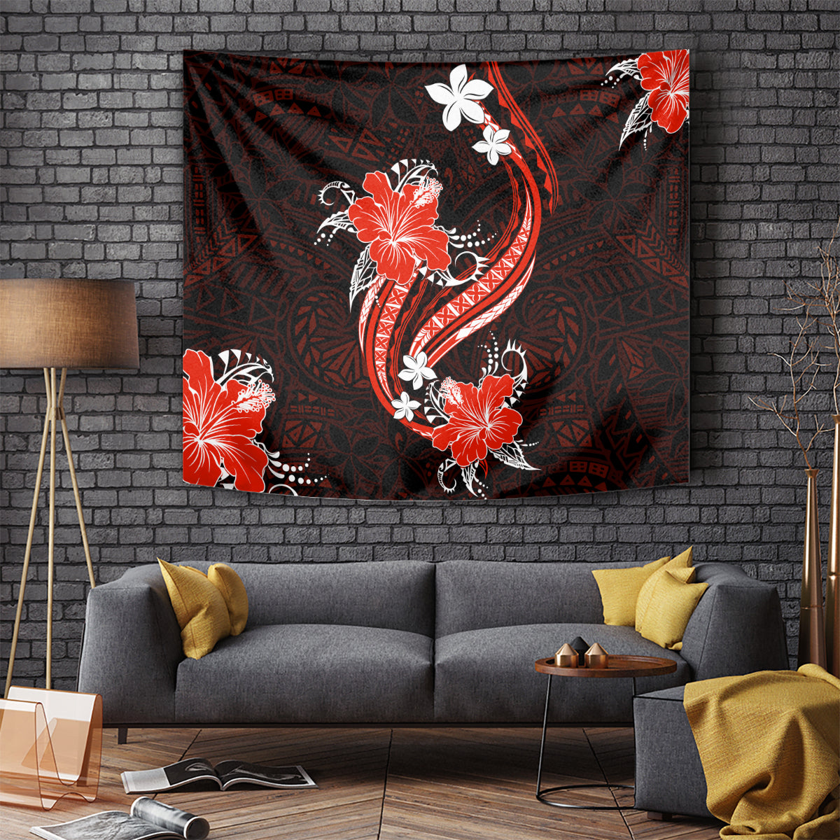 Red Polynesian Pattern With Tropical Flowers Tapestry LT05 Red - Polynesian Pride