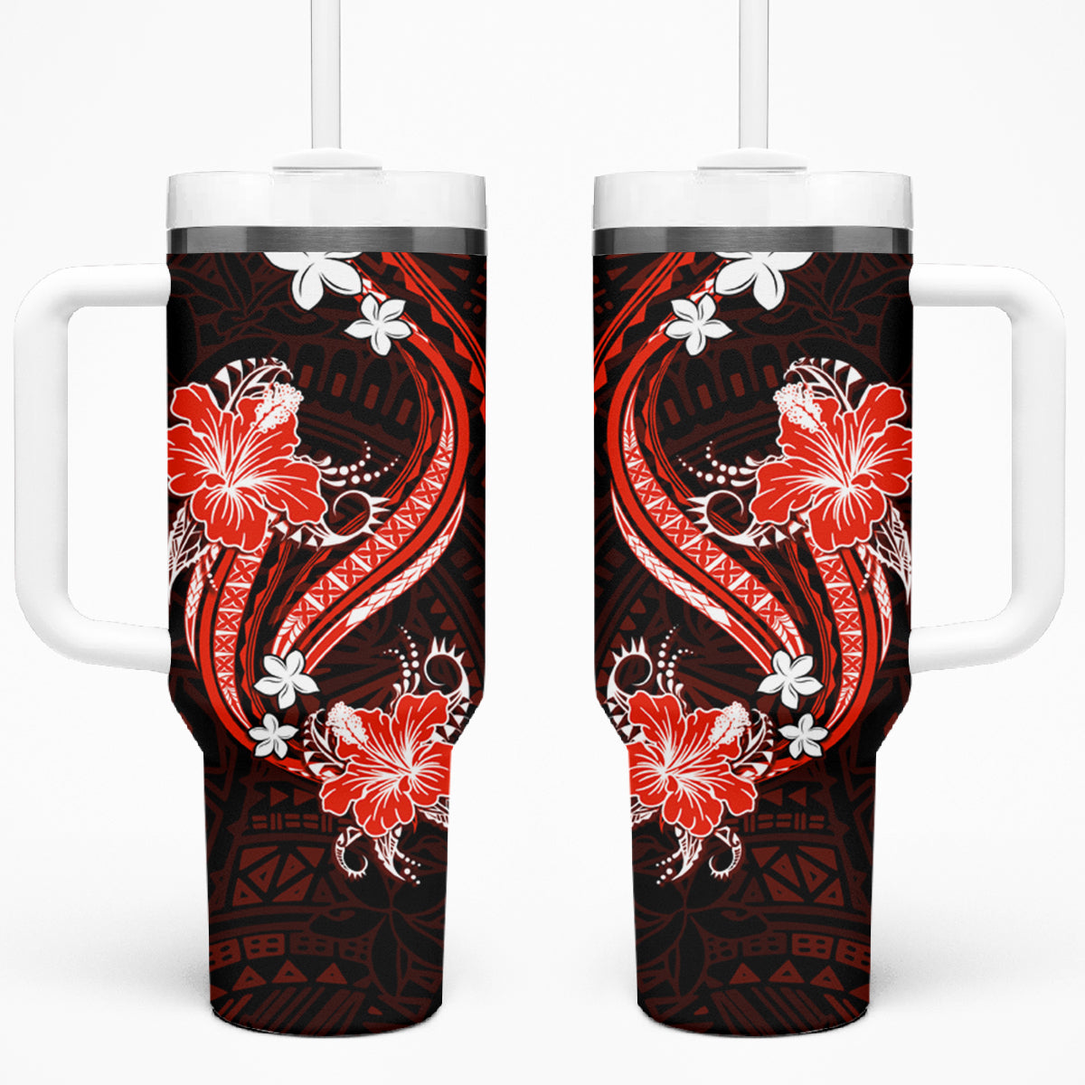 Red Polynesian Pattern With Tropical Flowers Tumbler With Handle