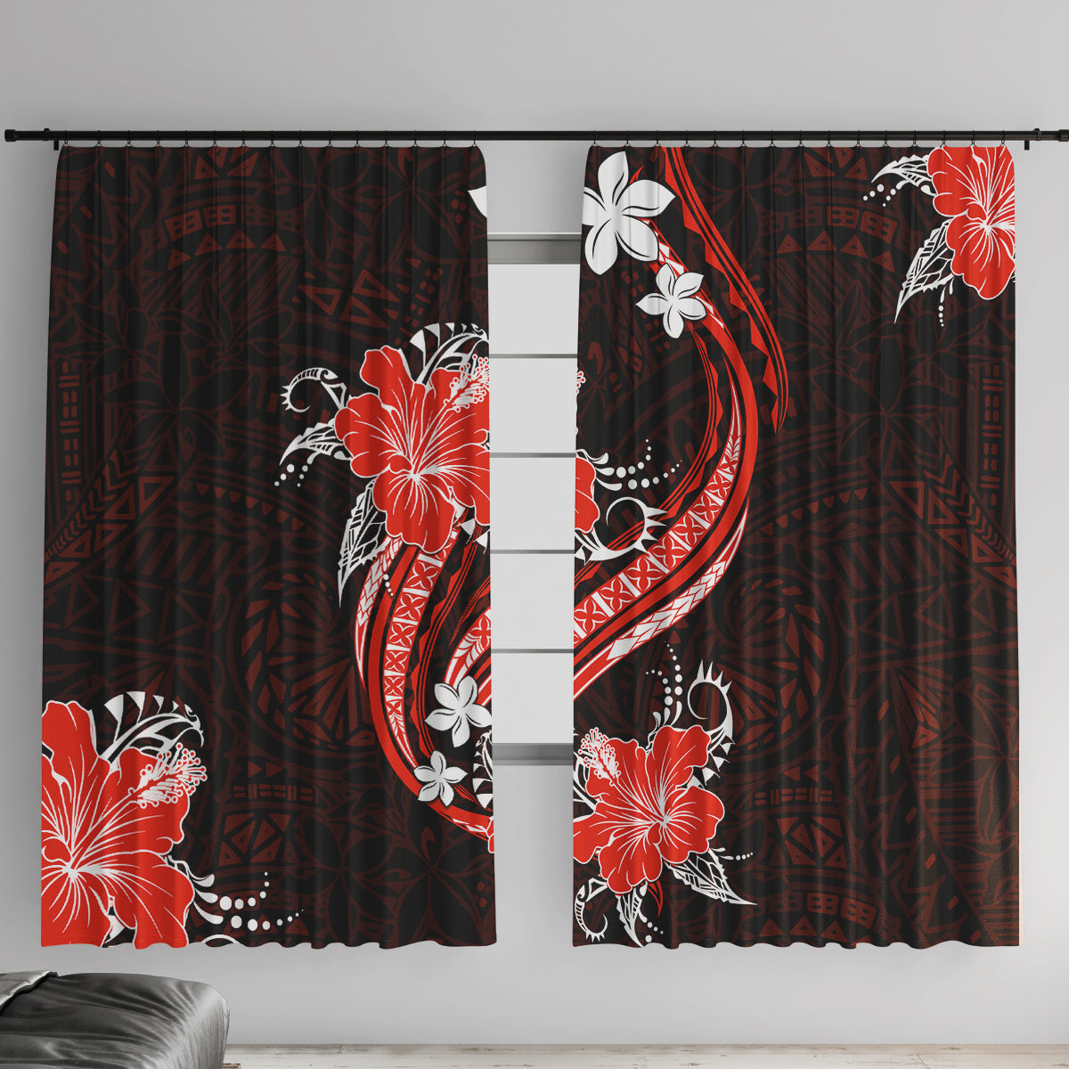 Red Polynesian Pattern With Tropical Flowers Window Curtain LT05 With Hooks Red - Polynesian Pride