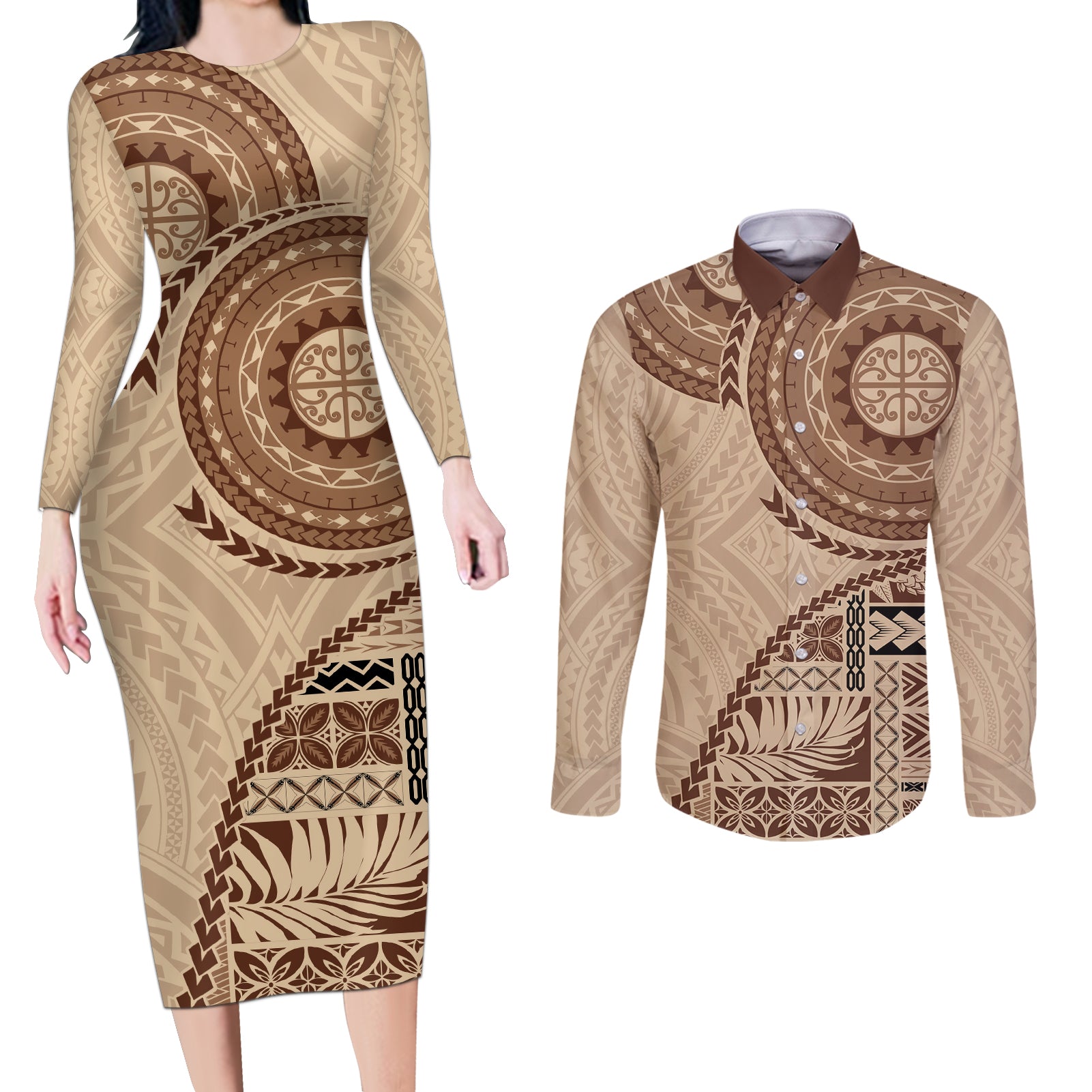 Samoa Siapo Pattern Simple Style Couples Matching Long Sleeve Bodycon Dress and Long Sleeve Button Shirt LT05 Brown - Polynesian Pride