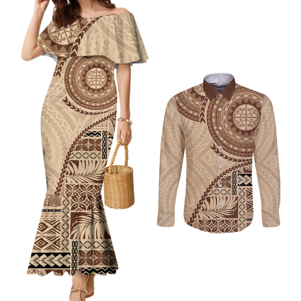 Samoa Siapo Pattern Simple Style Couples Matching Mermaid Dress and Long Sleeve Button Shirt LT05 Brown - Polynesian Pride