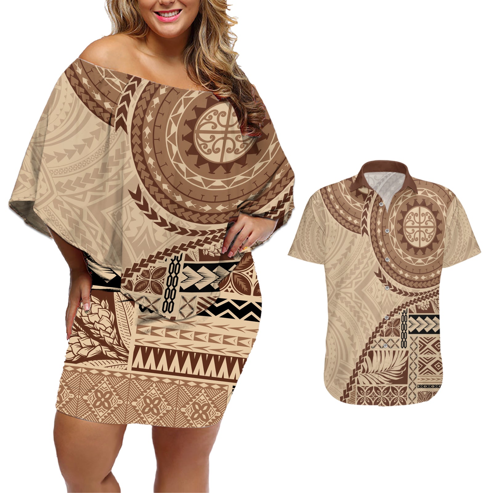 Samoa Siapo Pattern Simple Style Couples Matching Off Shoulder Short Dress and Hawaiian Shirt LT05 Brown - Polynesian Pride