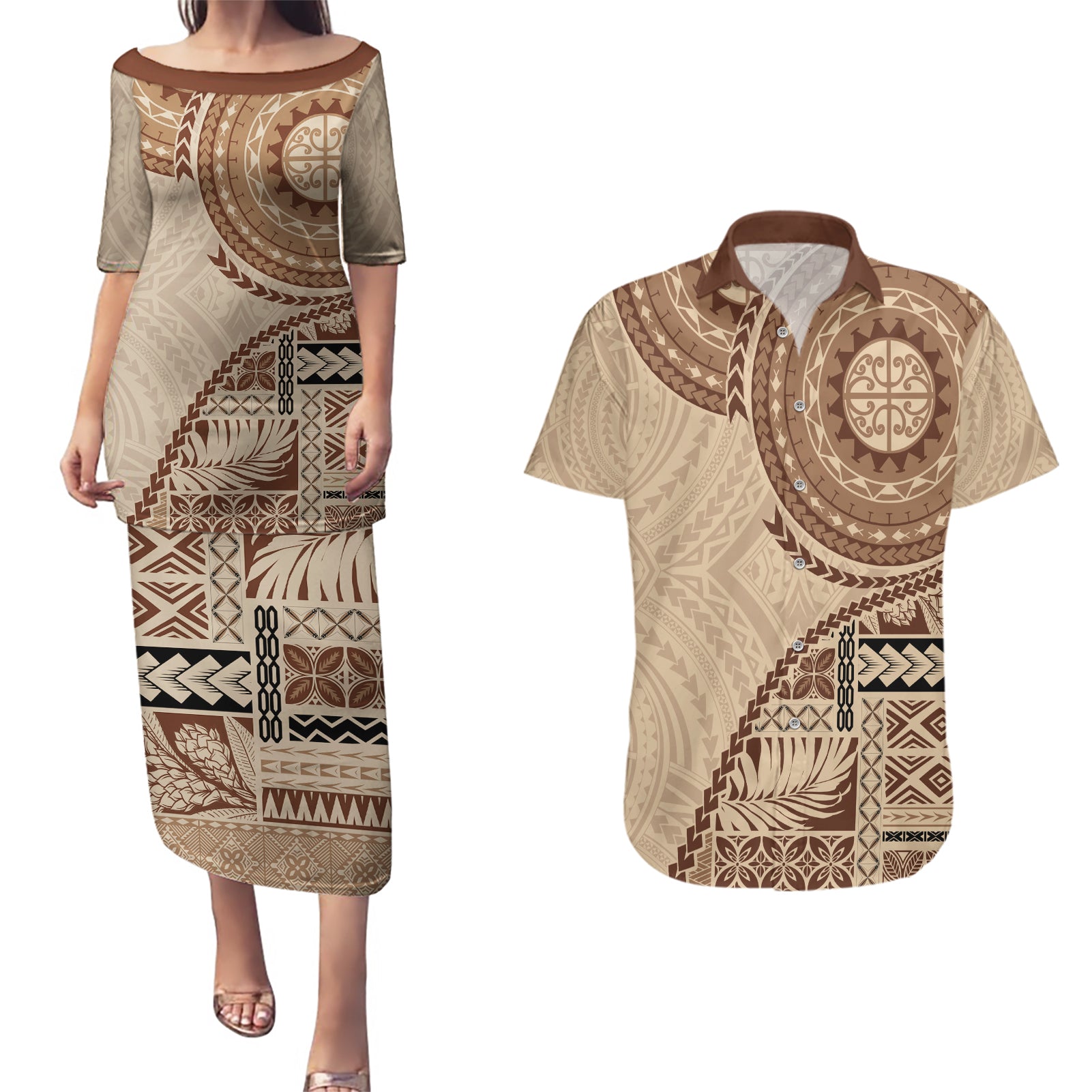 Samoa Siapo Pattern Simple Style Couples Matching Puletasi Dress and Hawaiian Shirt LT05 Brown - Polynesian Pride