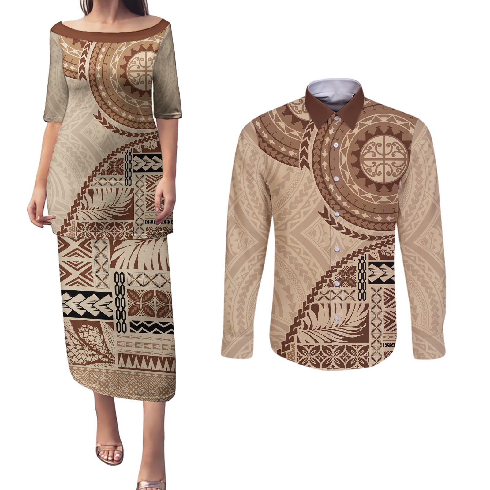 Samoa Siapo Pattern Simple Style Couples Matching Puletasi Dress and Long Sleeve Button Shirt LT05 Brown - Polynesian Pride