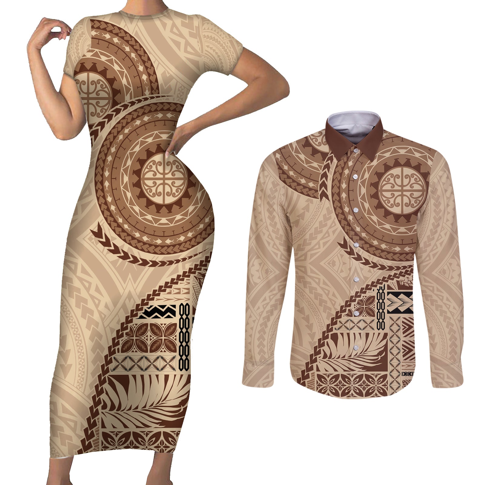 Samoa Siapo Pattern Simple Style Couples Matching Short Sleeve Bodycon Dress and Long Sleeve Button Shirt LT05 Brown - Polynesian Pride