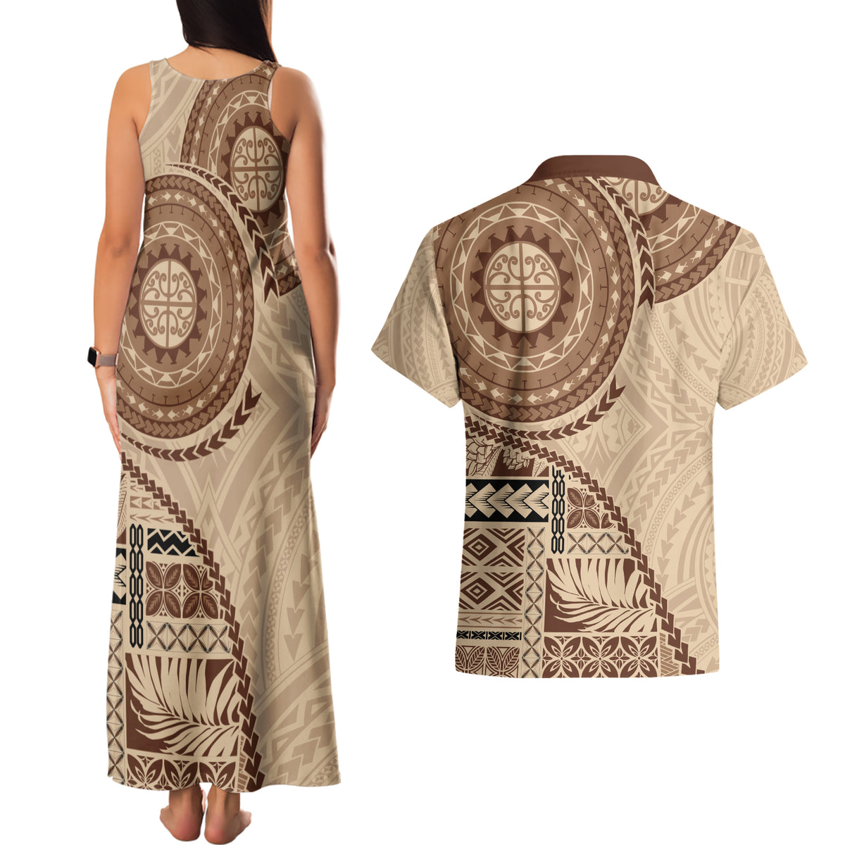 Samoa Siapo Pattern Simple Style Couples Matching Tank Maxi Dress and Hawaiian Shirt LT05 - Polynesian Pride