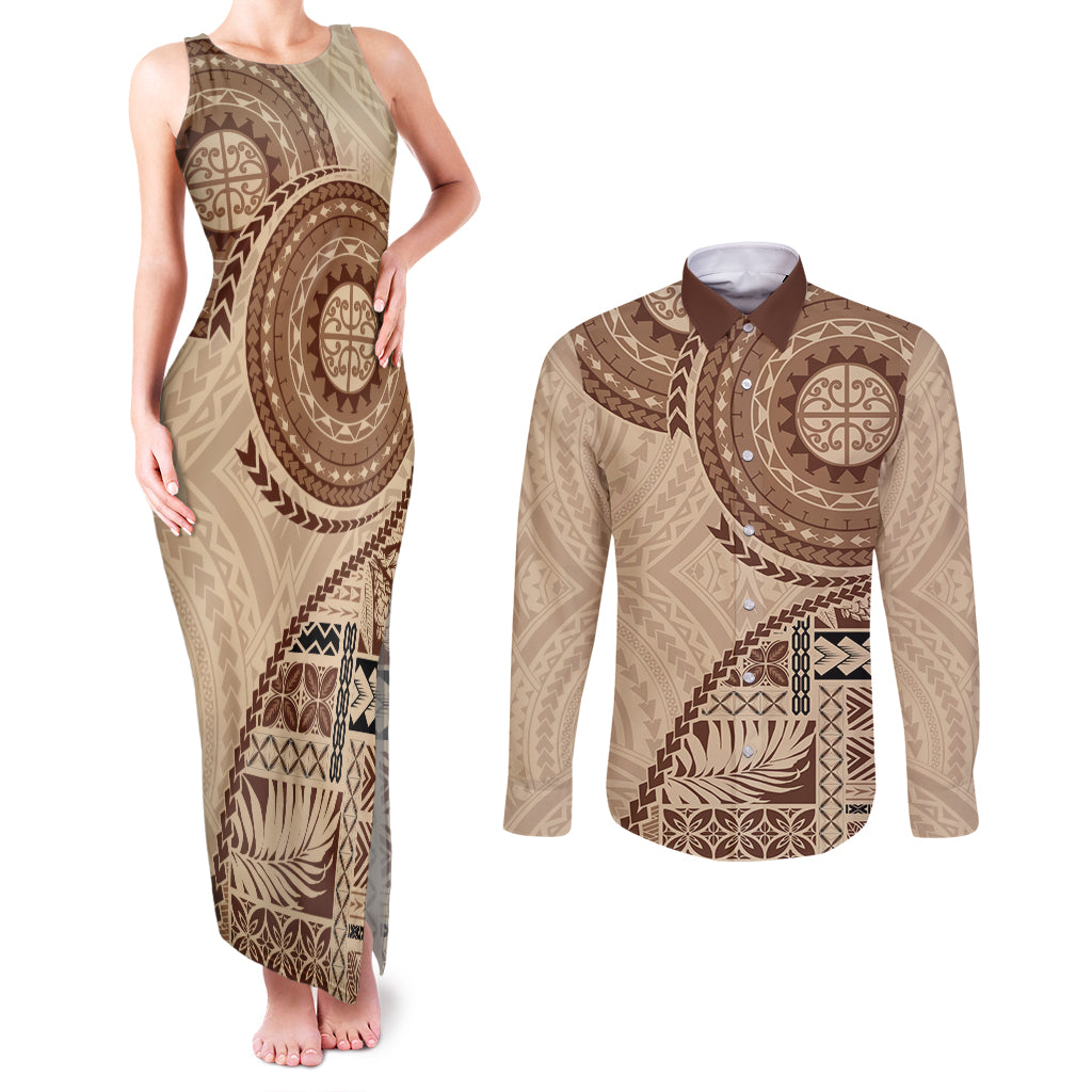 Samoa Siapo Pattern Simple Style Couples Matching Tank Maxi Dress and Long Sleeve Button Shirt LT05 Brown - Polynesian Pride