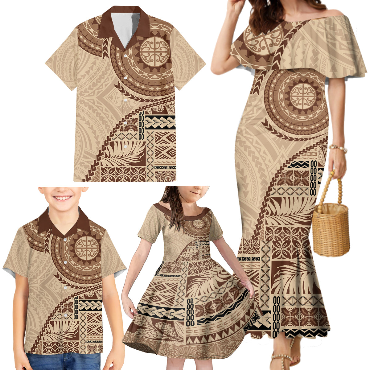 Samoa Siapo Pattern Simple Style Family Matching Mermaid Dress and Hawaiian Shirt LT05 - Polynesian Pride