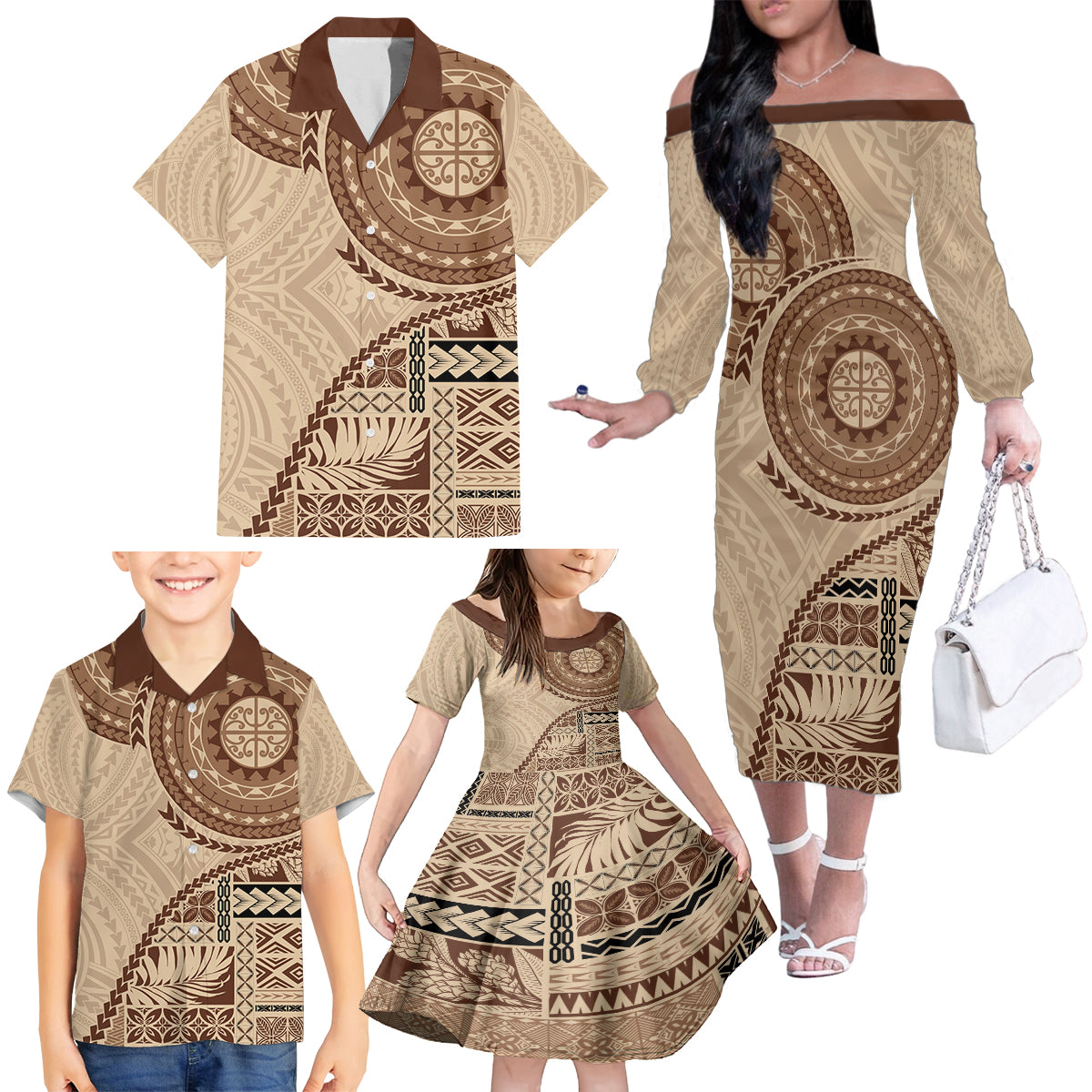 Samoa Siapo Pattern Simple Style Family Matching Off Shoulder Long Sleeve Dress and Hawaiian Shirt LT05 - Polynesian Pride