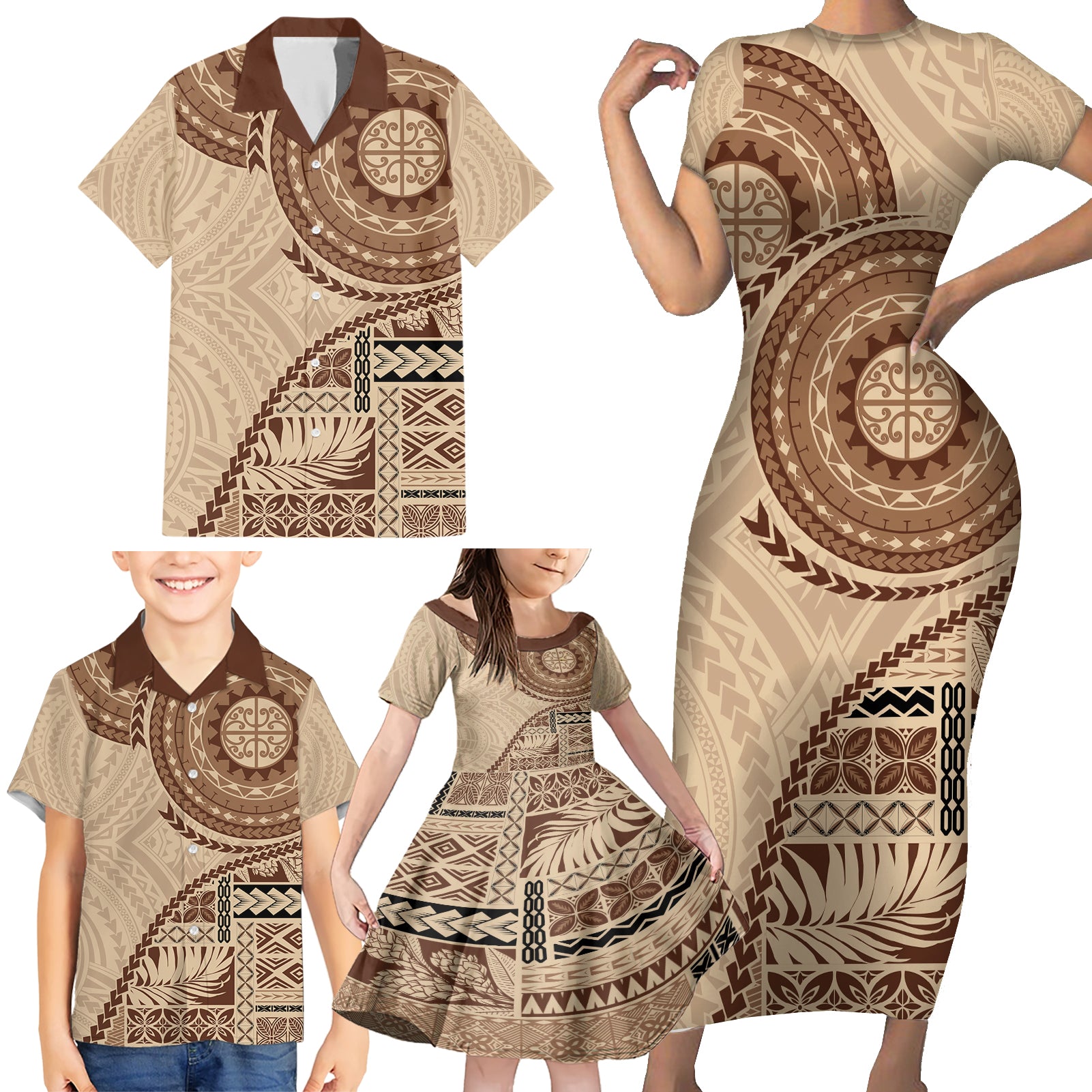 Samoa Siapo Pattern Simple Style Family Matching Short Sleeve Bodycon Dress and Hawaiian Shirt LT05 - Polynesian Pride