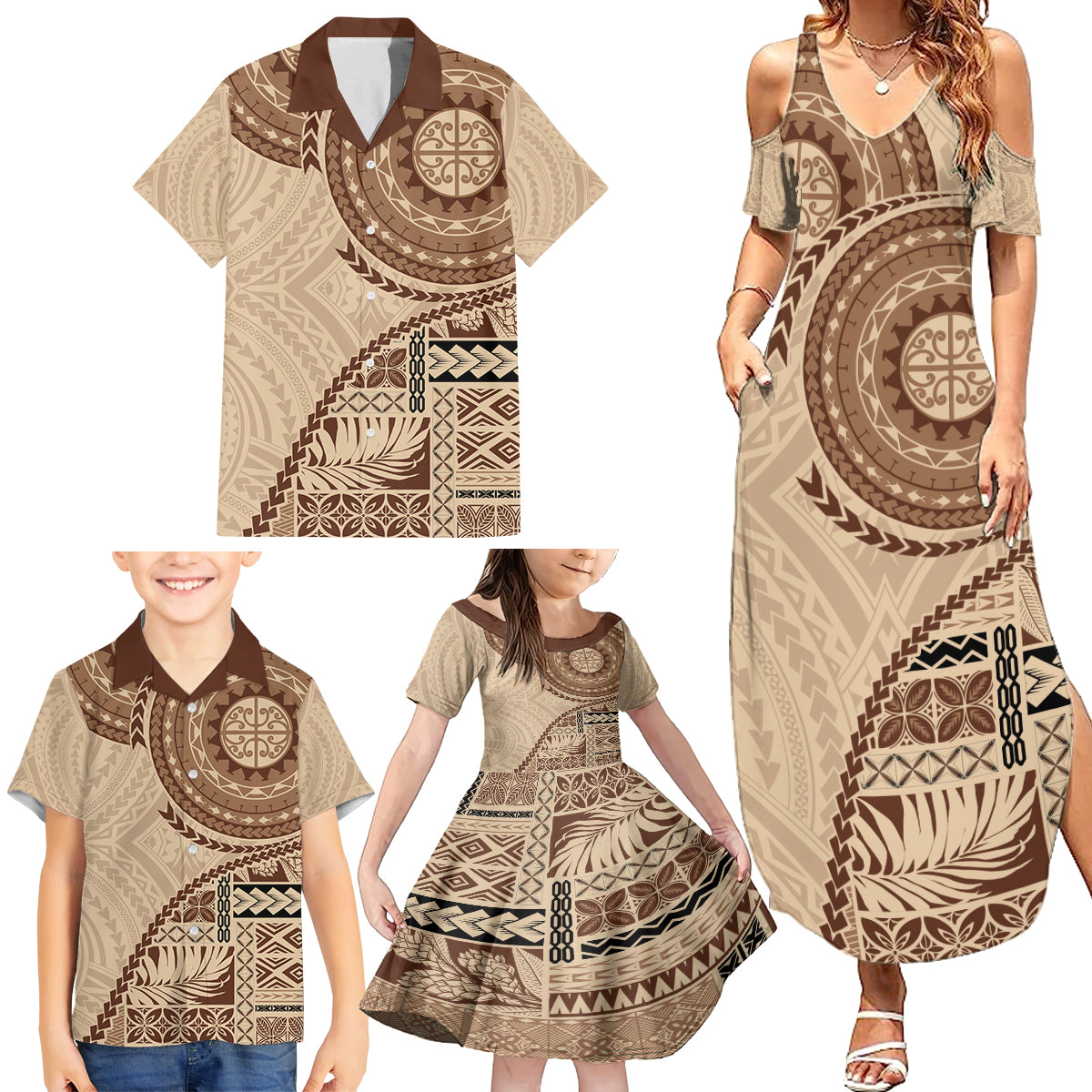 Samoa Siapo Pattern Simple Style Family Matching Summer Maxi Dress and Hawaiian Shirt LT05 - Polynesian Pride