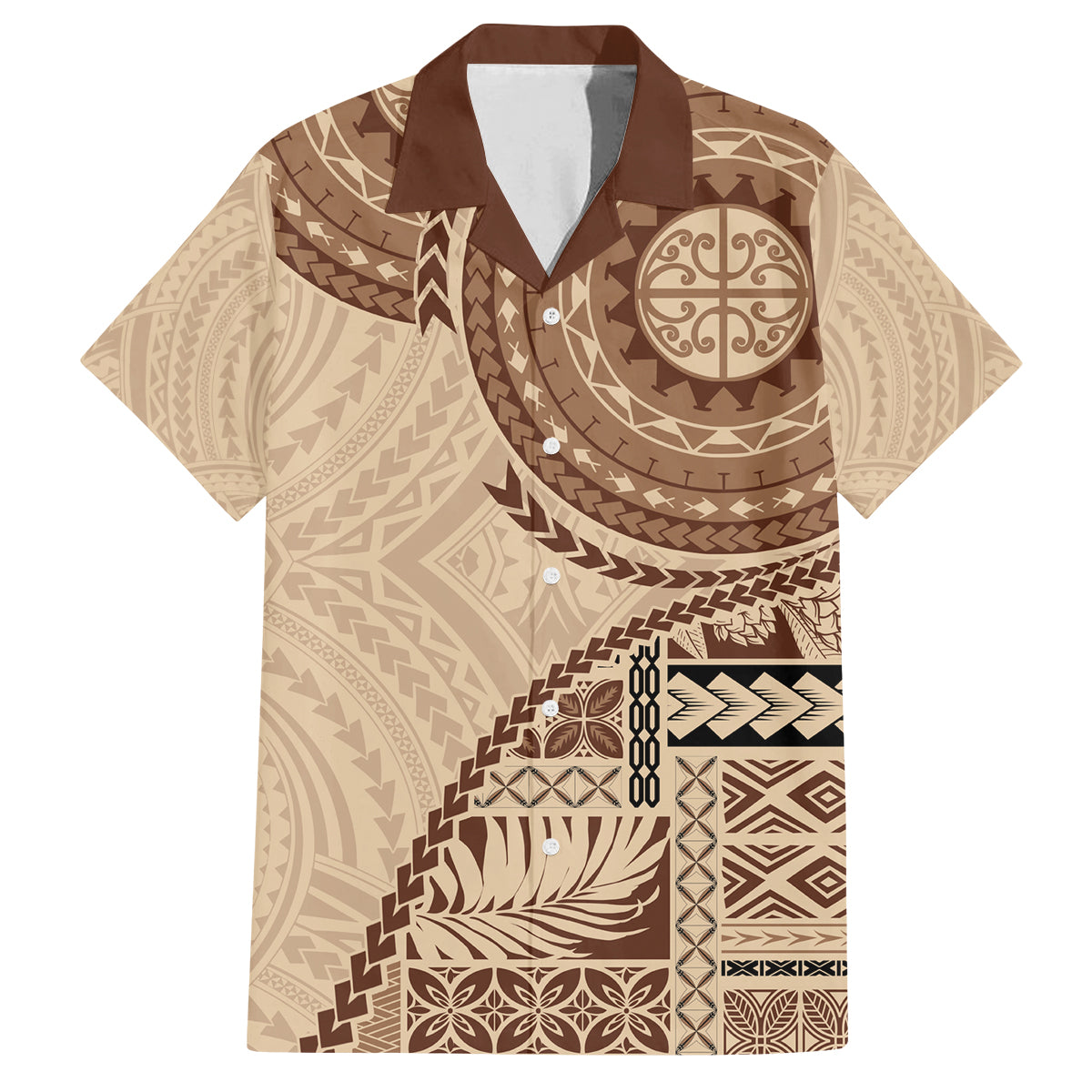 Samoa Siapo Pattern Simple Style Family Matching Tank Maxi Dress and Hawaiian Shirt LT05 Dad's Shirt - Short Sleeve Brown - Polynesian Pride