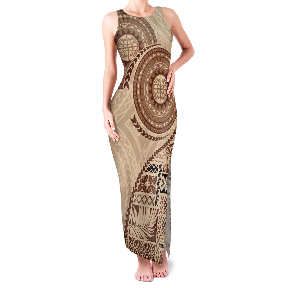 Samoa Siapo Pattern Simple Style Family Matching Tank Maxi Dress and Hawaiian Shirt LT05 Mom's Dress Brown - Polynesian Pride