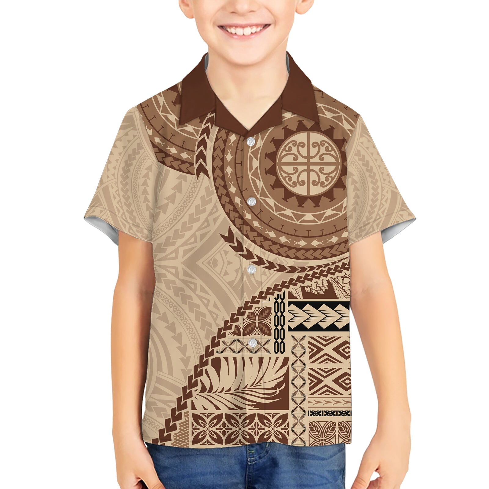 Samoa Siapo Pattern Simple Style Kid Hawaiian Shirt LT05 Kid Brown - Polynesian Pride