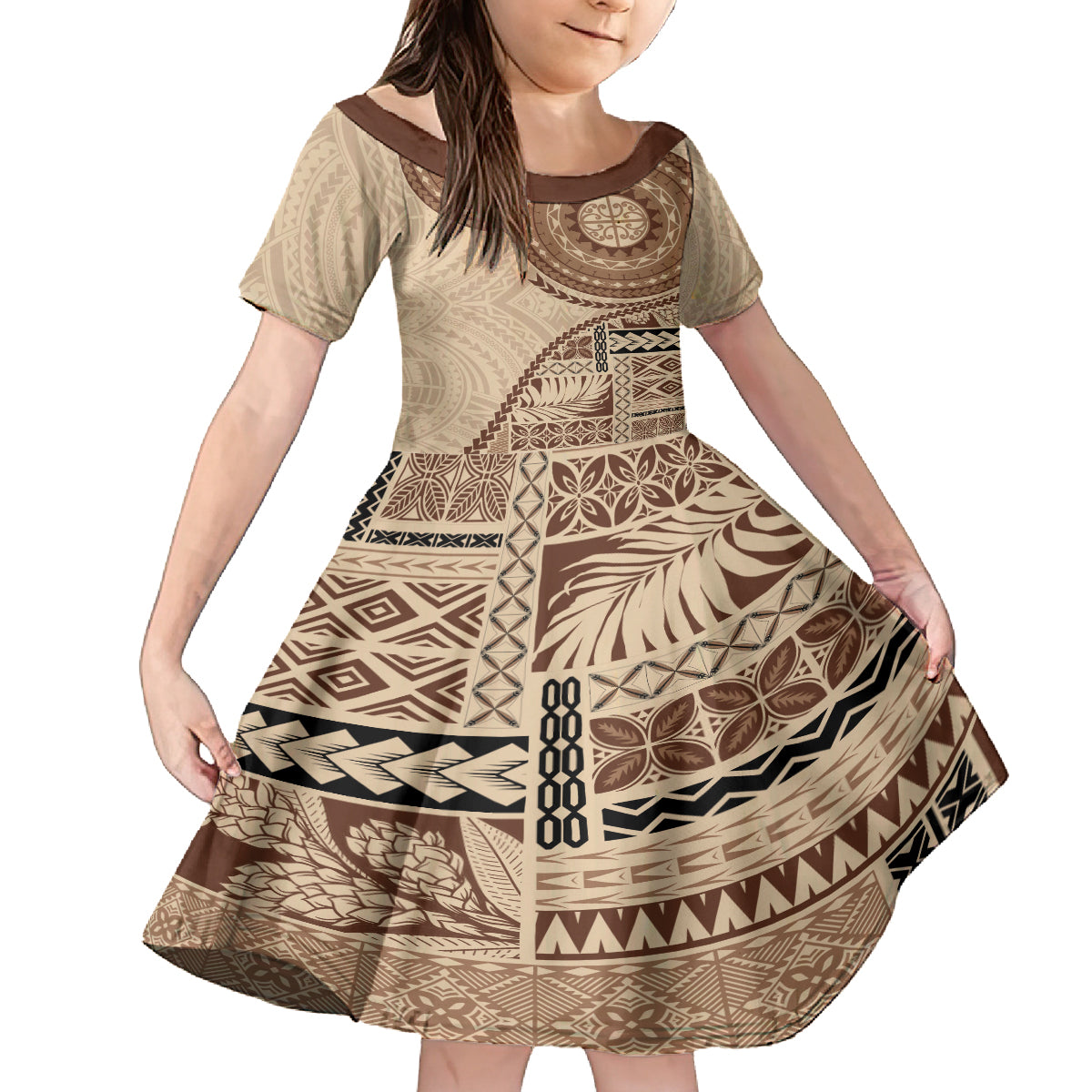 Samoa Siapo Pattern Simple Style Kid Short Sleeve Dress LT05 KID Brown - Polynesian Pride