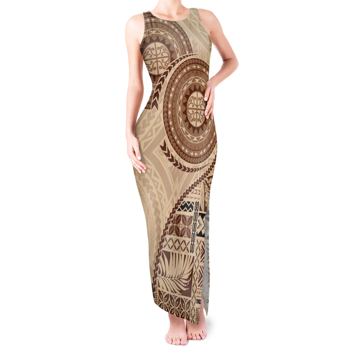 Samoa Siapo Pattern Simple Style Tank Maxi Dress LT05 Women Brown - Polynesian Pride