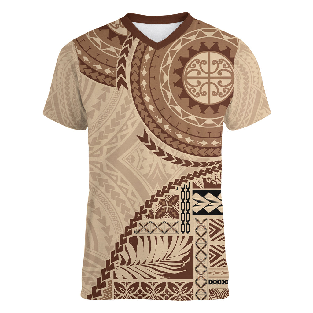 Samoa Siapo Pattern Simple Style Women V Neck T Shirt LT05 Female Brown - Polynesian Pride