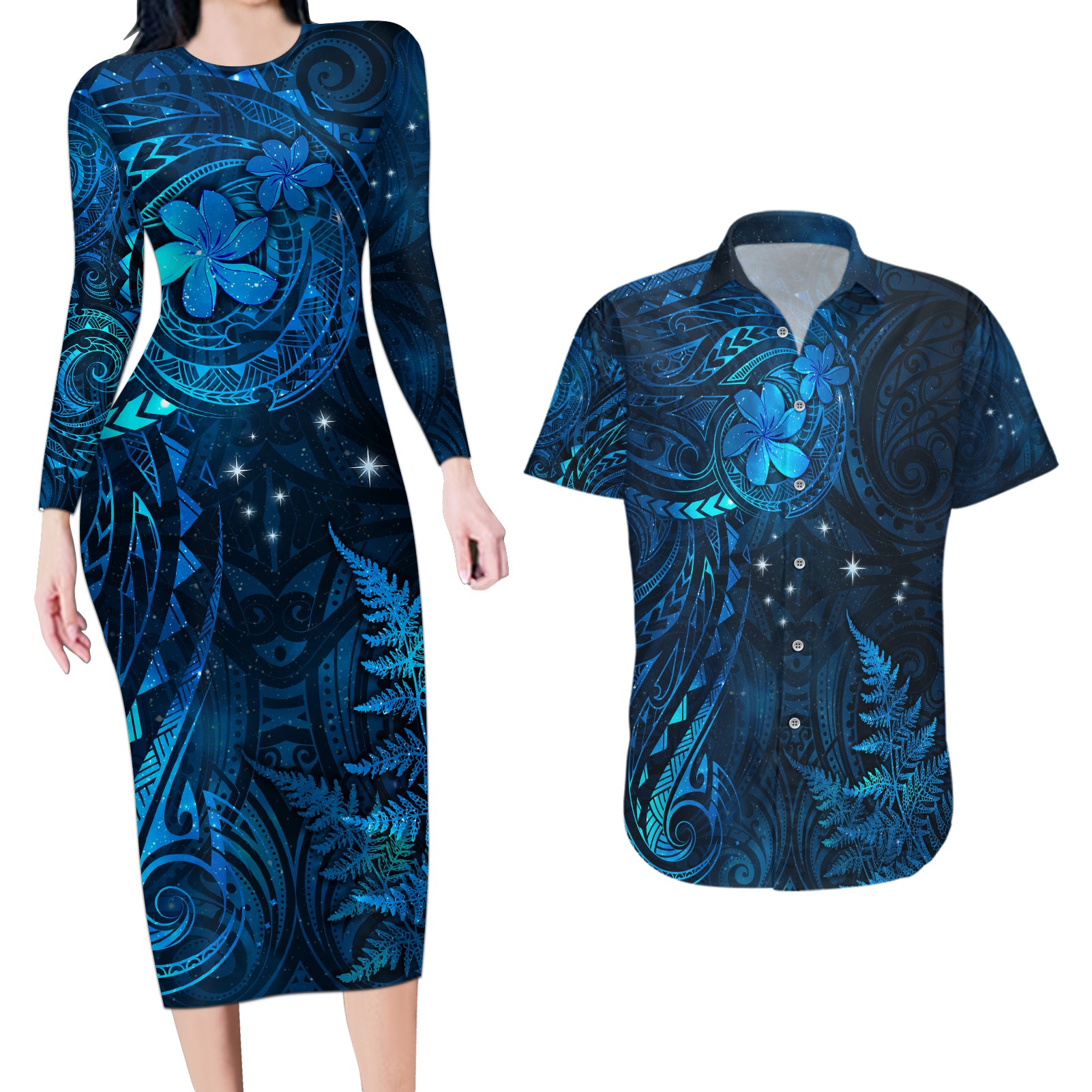 New Zealand Matariki Couples Matching Long Sleeve Bodycon Dress and Hawaiian Shirt Maori New Year LT05 Blue - Polynesian Pride