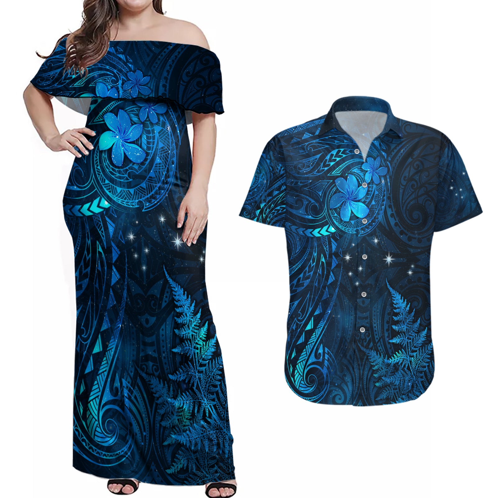 New Zealand Matariki Couples Matching Off Shoulder Maxi Dress and Hawaiian Shirt Maori New Year LT05 Blue - Polynesian Pride