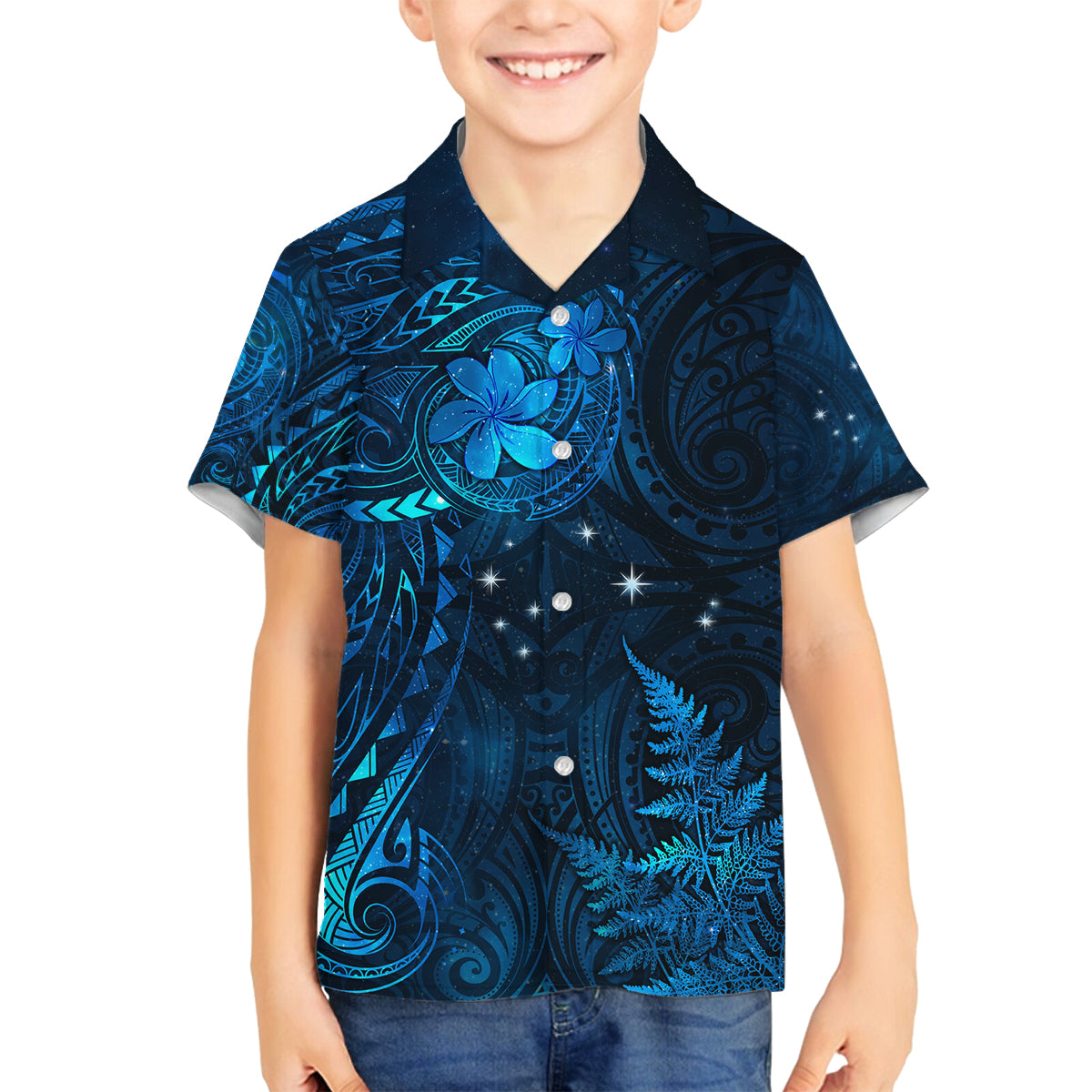 New Zealand Matariki Family Matching Off Shoulder Maxi Dress and Hawaiian Shirt Maori New Year LT05 Son's Shirt Blue - Polynesian Pride