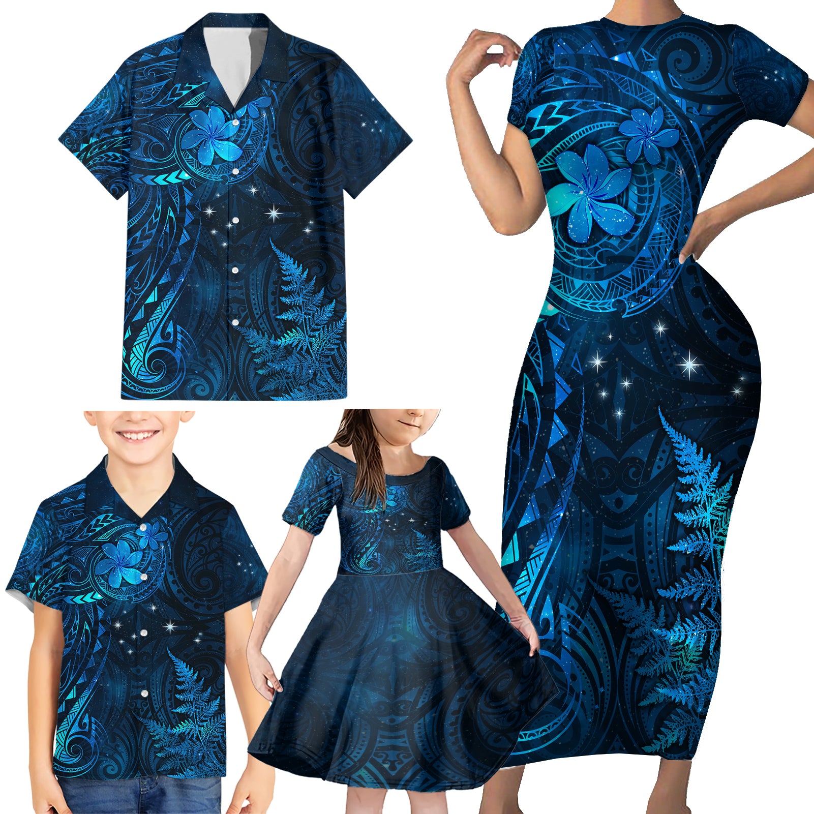 New Zealand Matariki Family Matching Short Sleeve Bodycon Dress and Hawaiian Shirt Maori New Year LT05 - Polynesian Pride