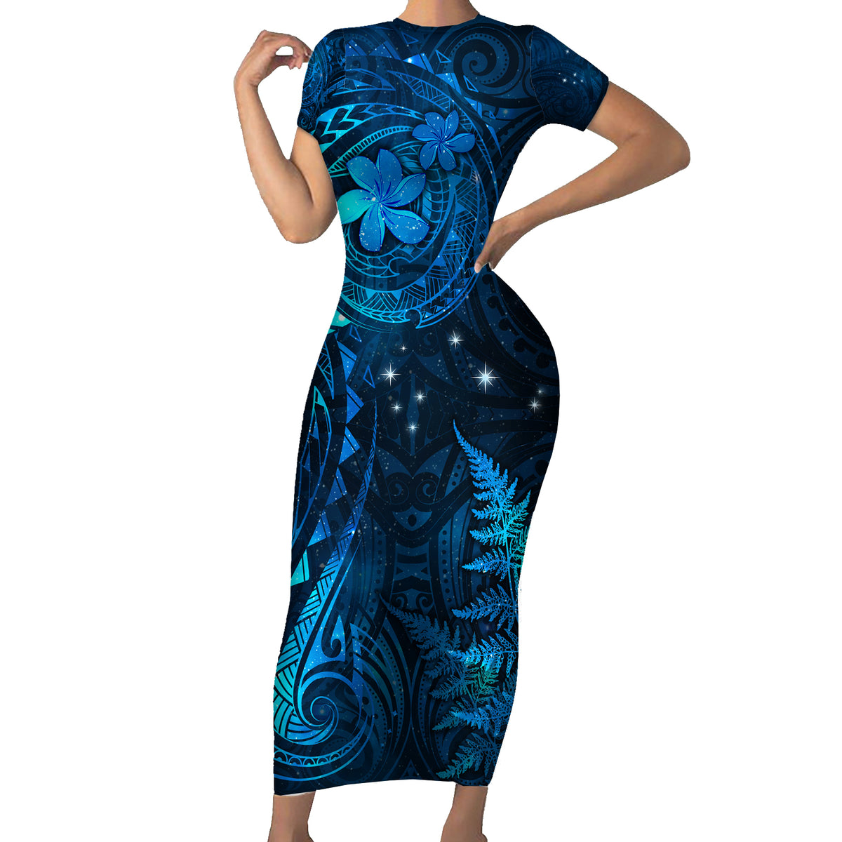 New Zealand Matariki Family Matching Short Sleeve Bodycon Dress and Hawaiian Shirt Maori New Year LT05 Mom's Dress Blue - Polynesian Pride