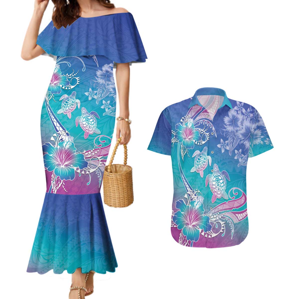 Polynesia Sea Turtle Couple Couples Matching Mermaid Dress and Hawaiian Shirt Love Is Life LT05 Blue - Polynesian Pride
