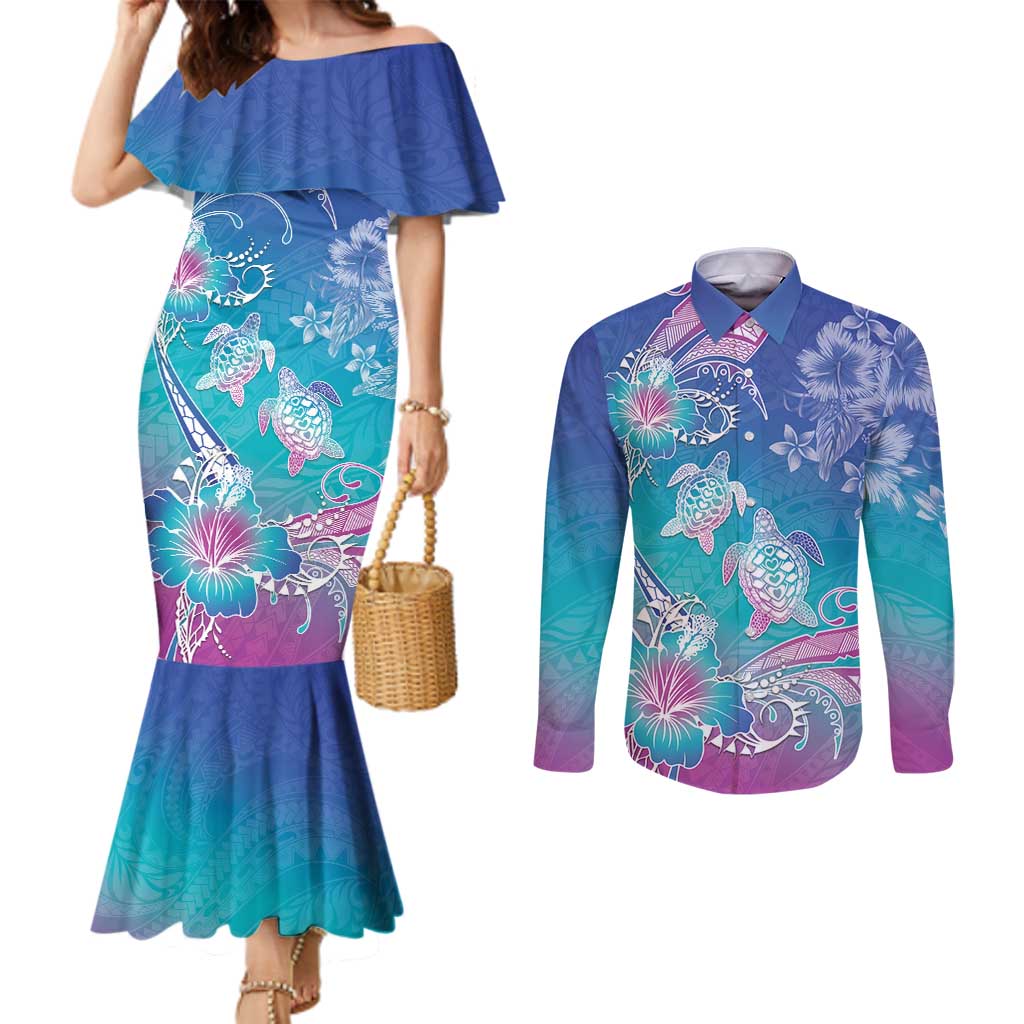 Polynesia Sea Turtle Couple Couples Matching Mermaid Dress and Long Sleeve Button Shirt Love Is Life LT05 Blue - Polynesian Pride