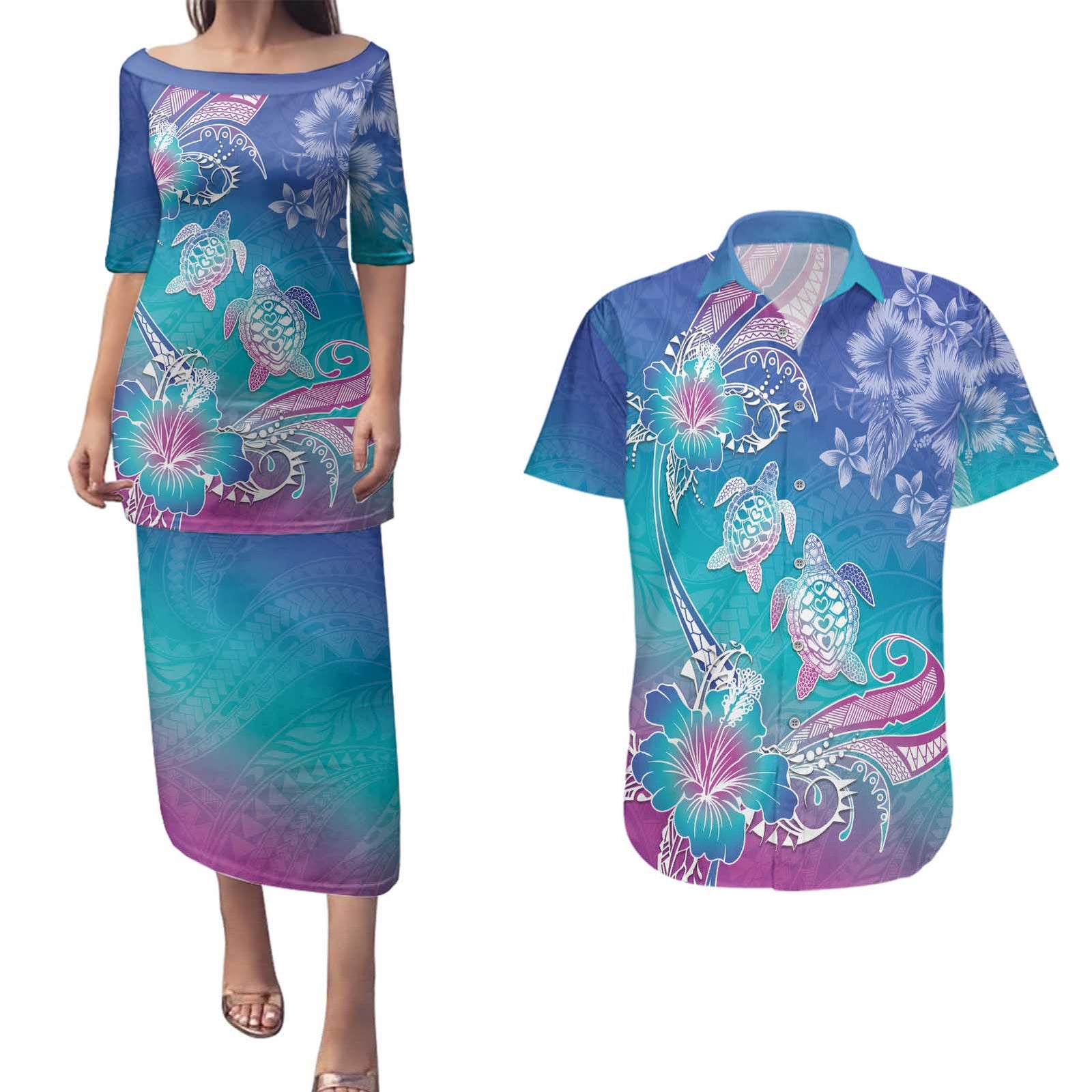 Polynesia Sea Turtle Couple Couples Matching Puletasi and Hawaiian Shirt Love Is Life LT05 Blue - Polynesian Pride