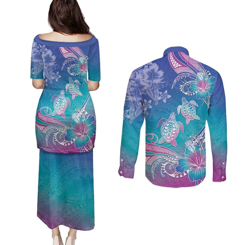 Polynesia Sea Turtle Couple Couples Matching Puletasi and Long Sleeve Button Shirt Love Is Life LT05 - Polynesian Pride