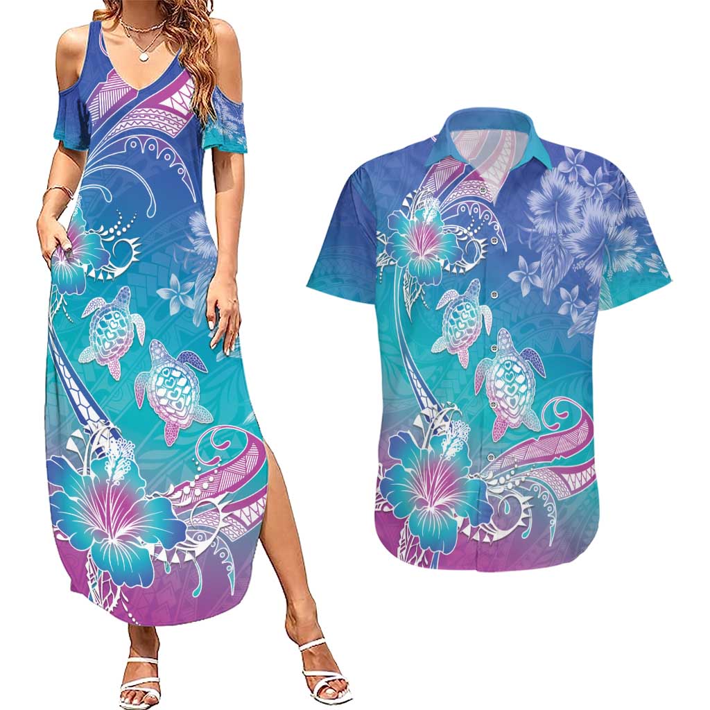 Polynesia Sea Turtle Couple Couples Matching Summer Maxi Dress and Hawaiian Shirt Love Is Life LT05 Blue - Polynesian Pride