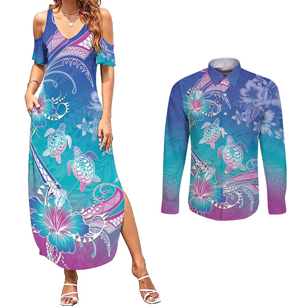 Polynesia Sea Turtle Couple Couples Matching Summer Maxi Dress and Long Sleeve Button Shirt Love Is Life LT05 Blue - Polynesian Pride