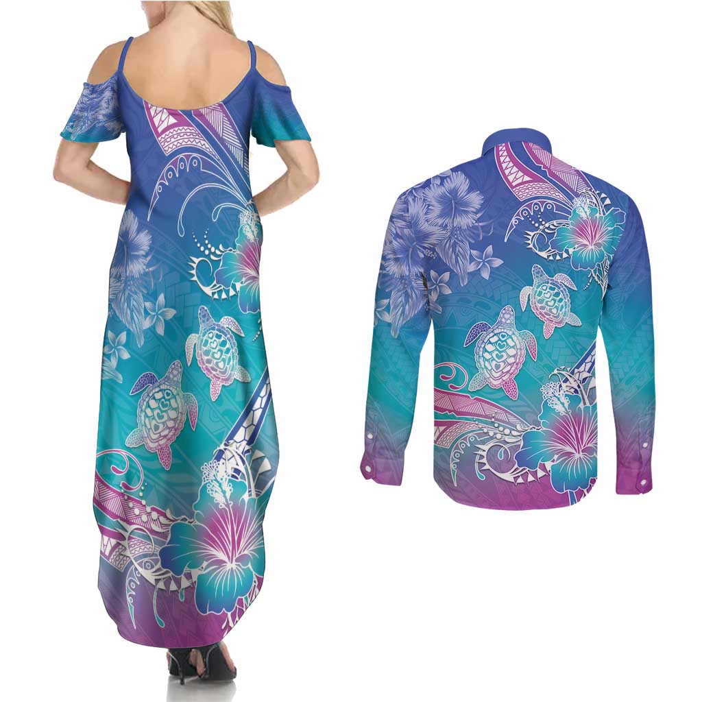 Polynesia Sea Turtle Couple Couples Matching Summer Maxi Dress and Long Sleeve Button Shirt Love Is Life LT05 - Polynesian Pride