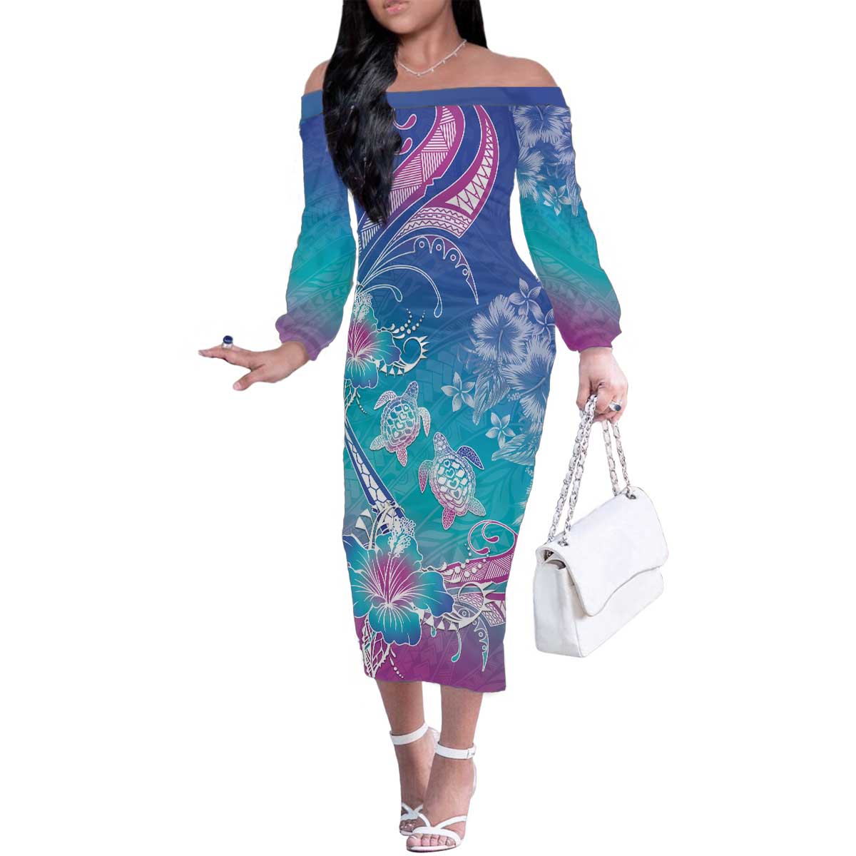 Polynesia Sea Turtle Couple Family Matching Off The Shoulder Long Sleeve Dress and Hawaiian Shirt Love Is Life