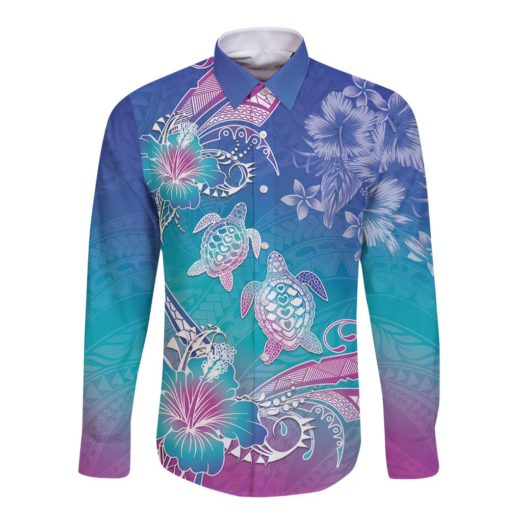 Polynesia Sea Turtle Couple Long Sleeve Button Shirt Love Is Life LT05 Unisex Blue - Polynesian Pride