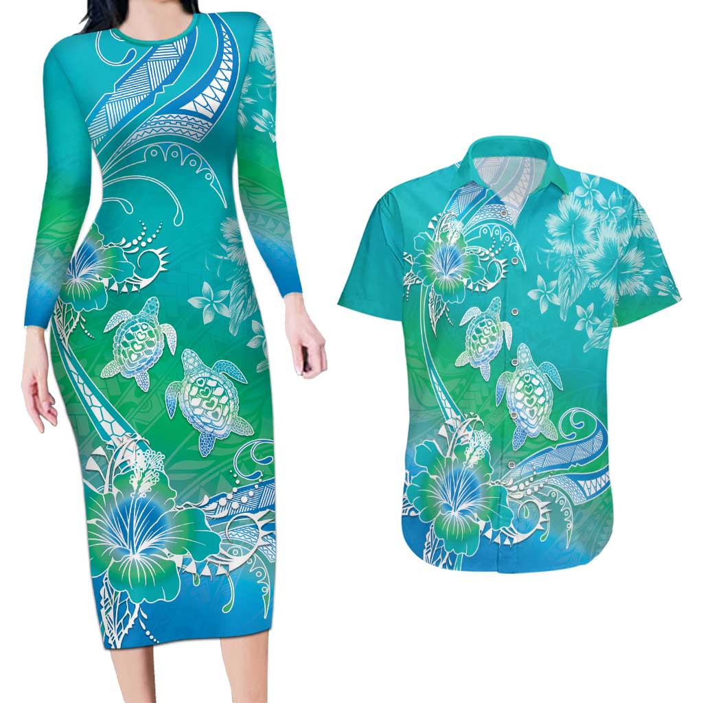Polynesia Sea Turtle Couple Couples Matching Long Sleeve Bodycon Dress and Hawaiian Shirt I Am Turtley In Love With You LT05 Turquoise - Polynesian Pride