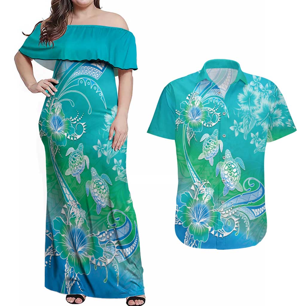 Polynesia Sea Turtle Couple Couples Matching Off Shoulder Maxi Dress and Hawaiian Shirt I Am Turtley In Love With You LT05 Turquoise - Polynesian Pride