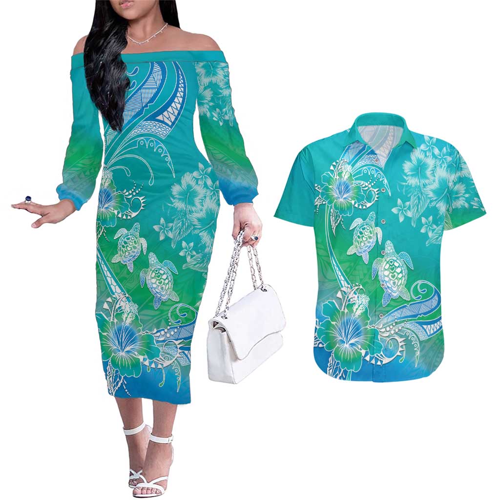 Polynesia Sea Turtle Couple Couples Matching Off The Shoulder Long Sleeve Dress and Hawaiian Shirt I Am Turtley In Love With You