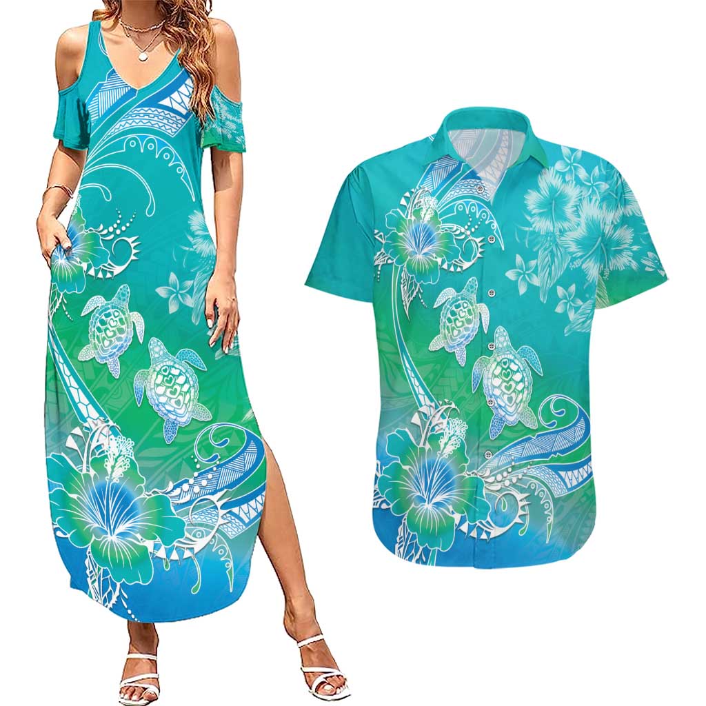 Polynesia Sea Turtle Couple Couples Matching Summer Maxi Dress and Hawaiian Shirt I Am Turtley In Love With You LT05 Turquoise - Polynesian Pride