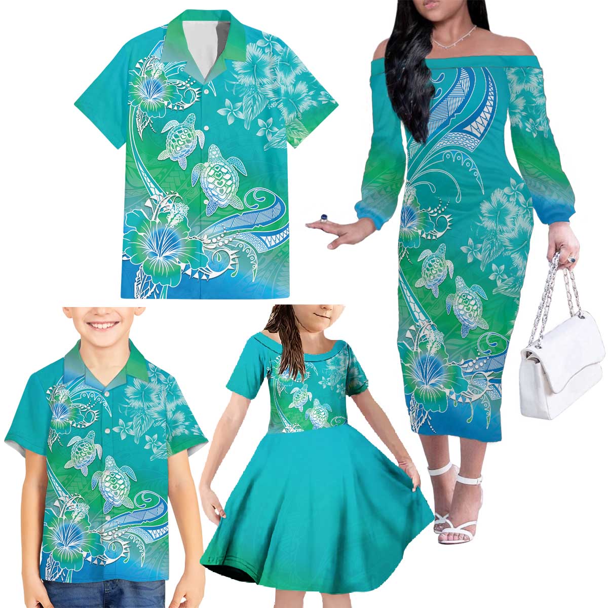Polynesia Sea Turtle Couple Family Matching Off The Shoulder Long Sleeve Dress and Hawaiian Shirt I Am Turtley In Love With You