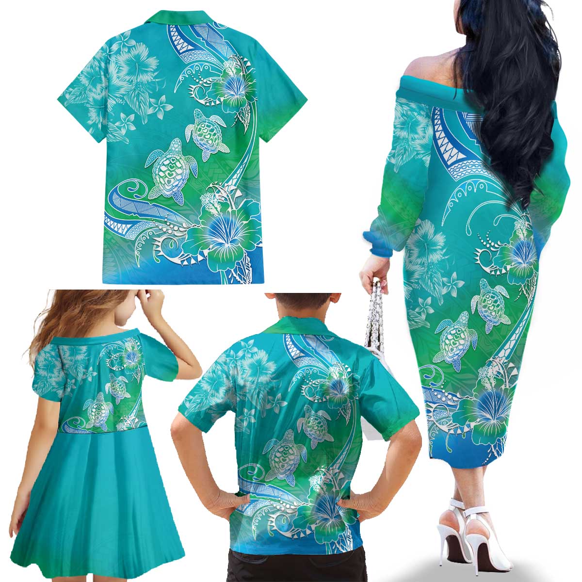 Polynesia Sea Turtle Couple Family Matching Off The Shoulder Long Sleeve Dress and Hawaiian Shirt I Am Turtley In Love With You