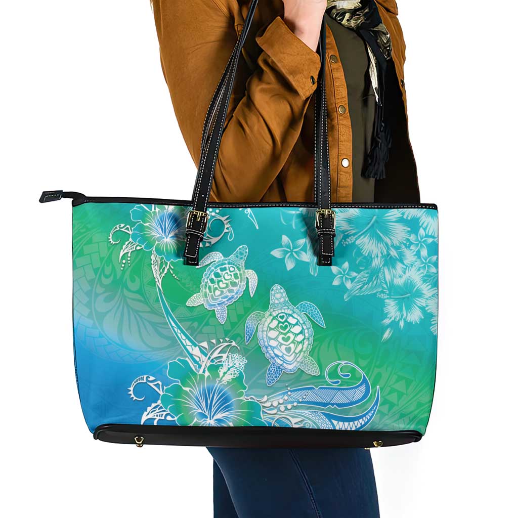 Polynesia Sea Turtle Couple Leather Tote Bag I Am Turtley In Love With You