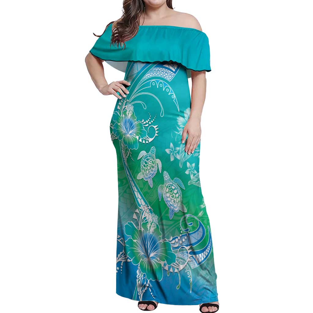 Polynesia Sea Turtle Couple Off Shoulder Maxi Dress I Am Turtley In Love With You LT05 Women Turquoise - Polynesian Pride