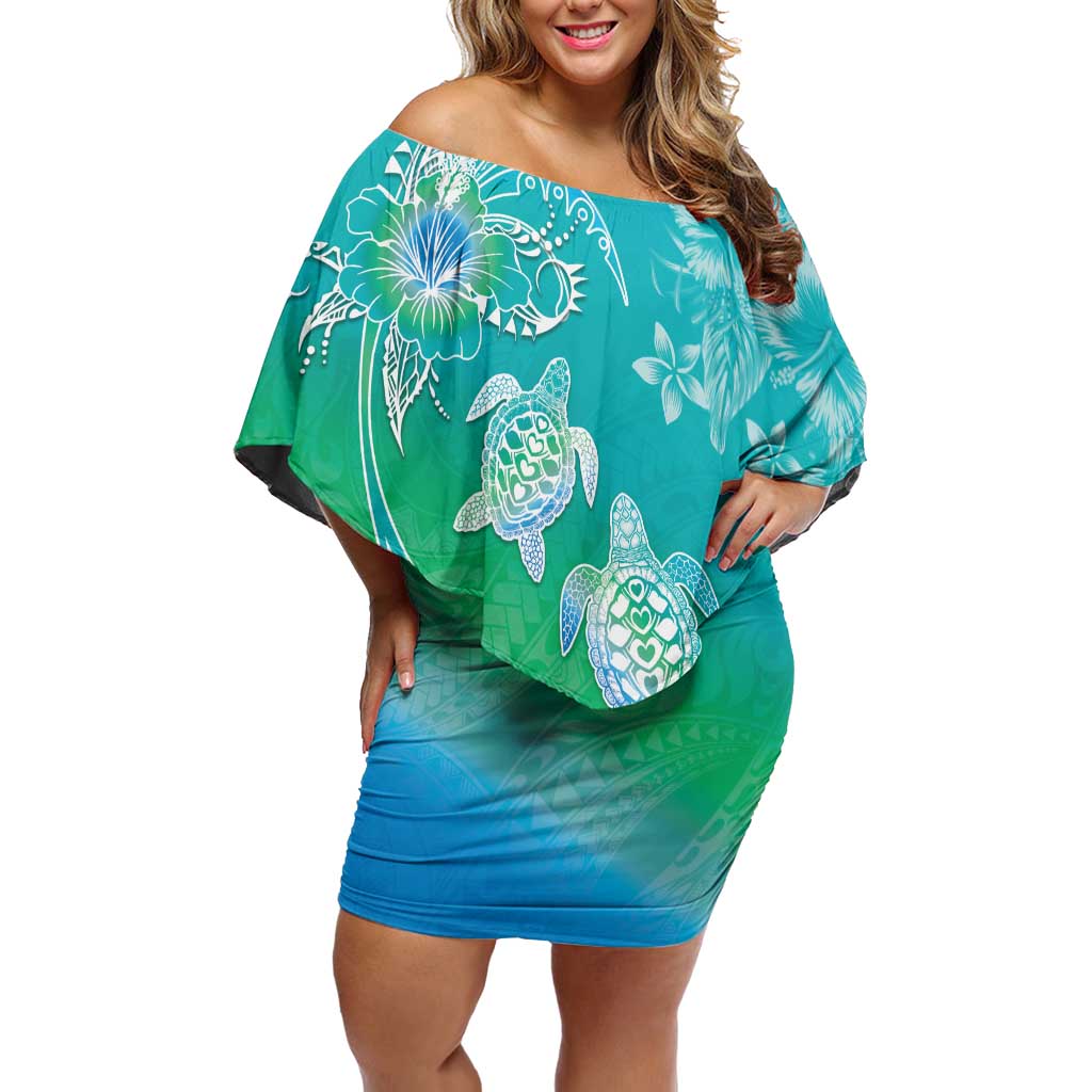 Polynesia Sea Turtle Couple Off Shoulder Short Dress I Am Turtley In Love With You LT05 Women Turquoise - Polynesian Pride