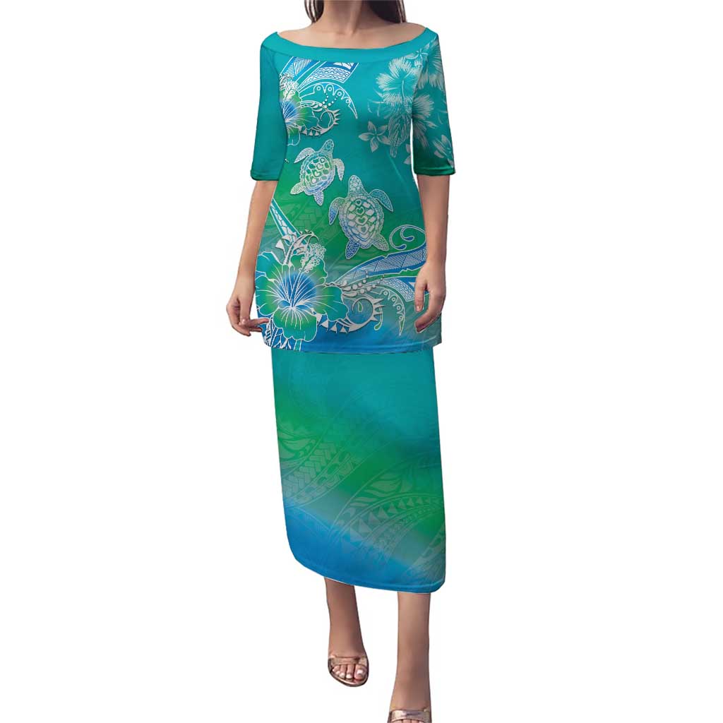 Polynesia Sea Turtle Couple Puletasi I Am Turtley In Love With You LT05 Long Dress Turquoise - Polynesian Pride