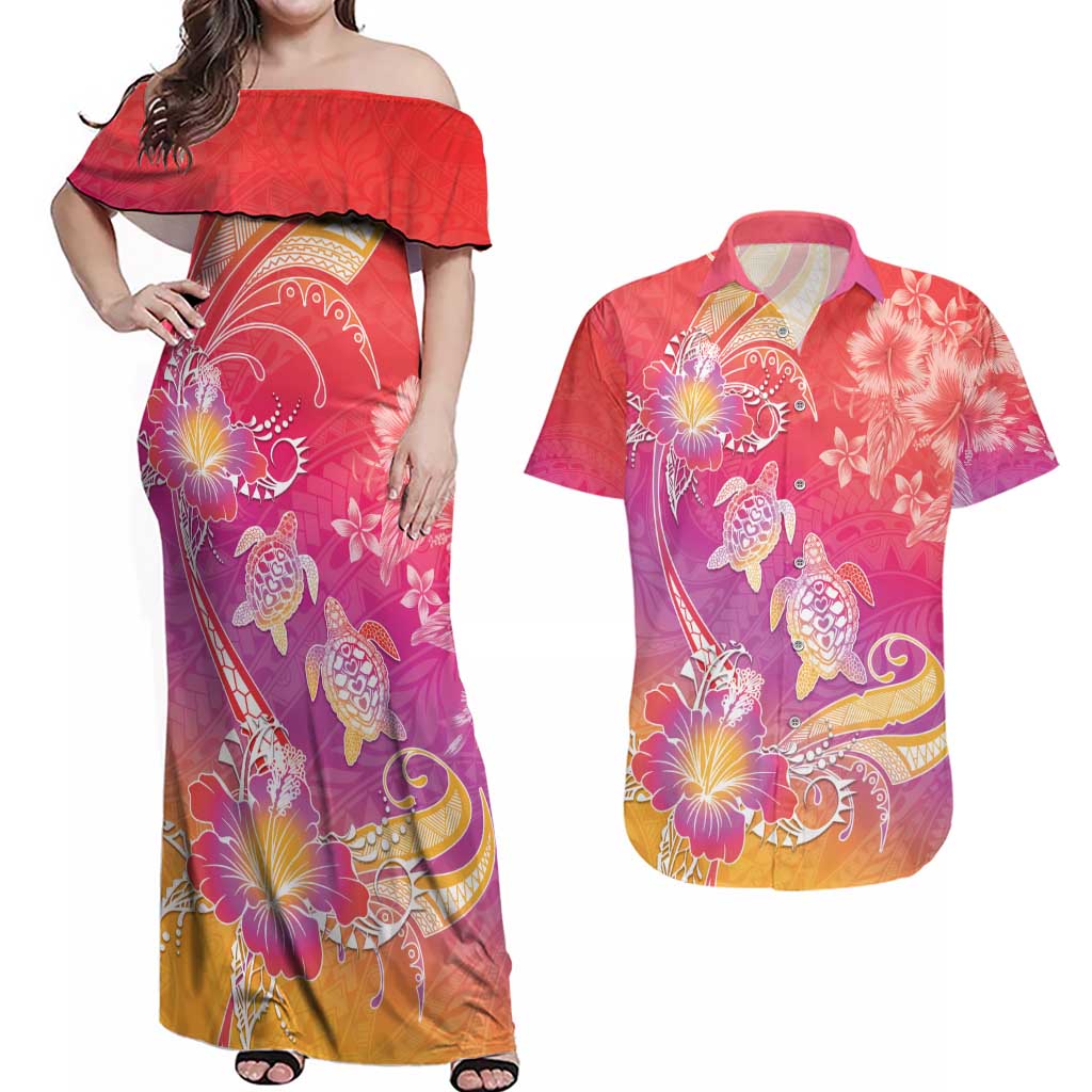 Polynesia Sea Turtle Couple Couples Matching Off Shoulder Maxi Dress and Hawaiian Shirt One Soul One Love LT05 Red - Polynesian Pride